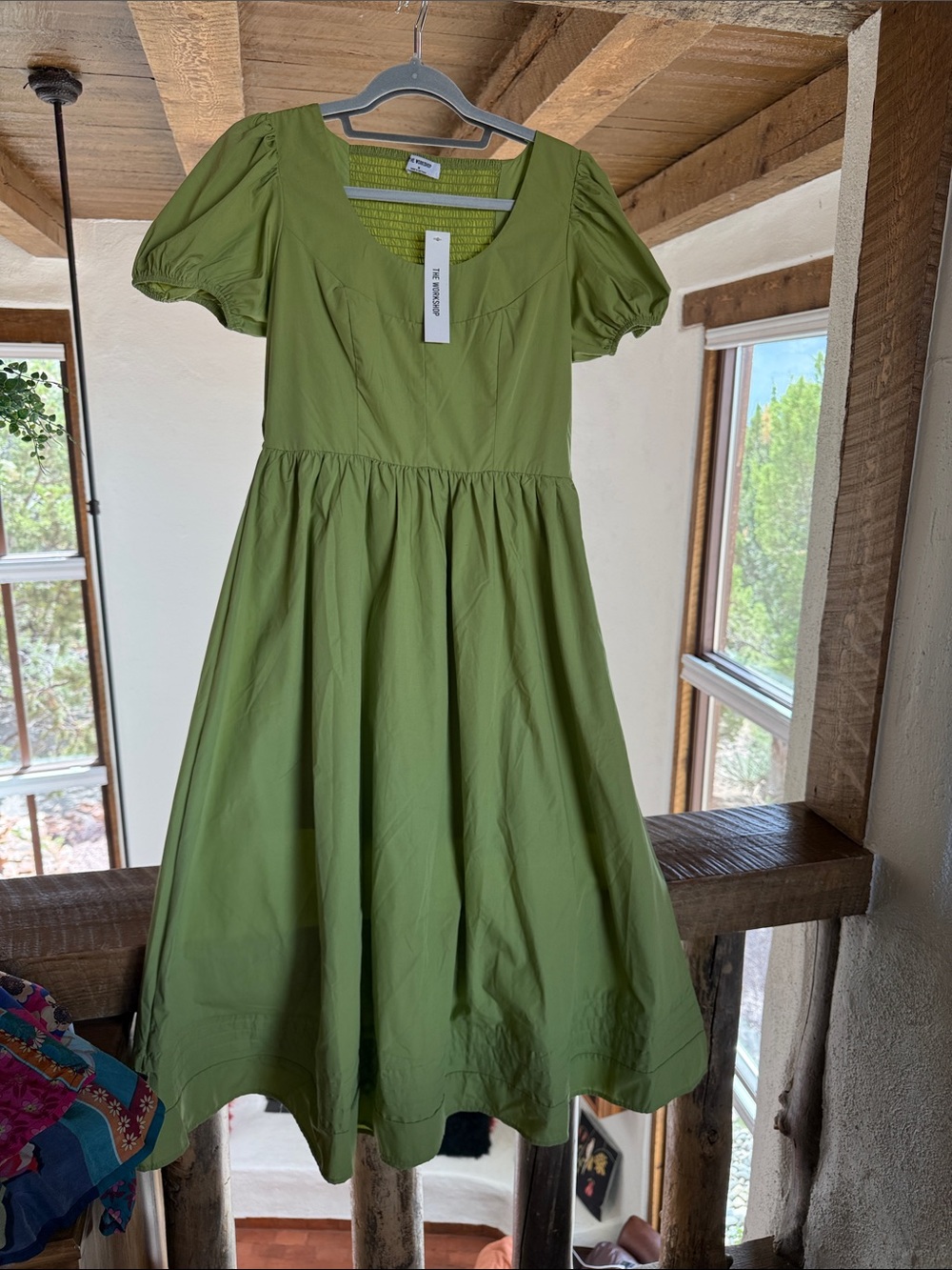 Workshop Republic Clothing Olive Green Puff-Sleeve Cotton Dress for Kids